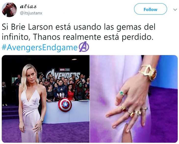 Twitter reacciona a Scarlett Johansson que interpreta a la Viuda Negra y Brie Larson en el papel de Capitana Marvel en la premiere de la película de Avengers: Endgame en Los Angeles, usando las gemas del infinito