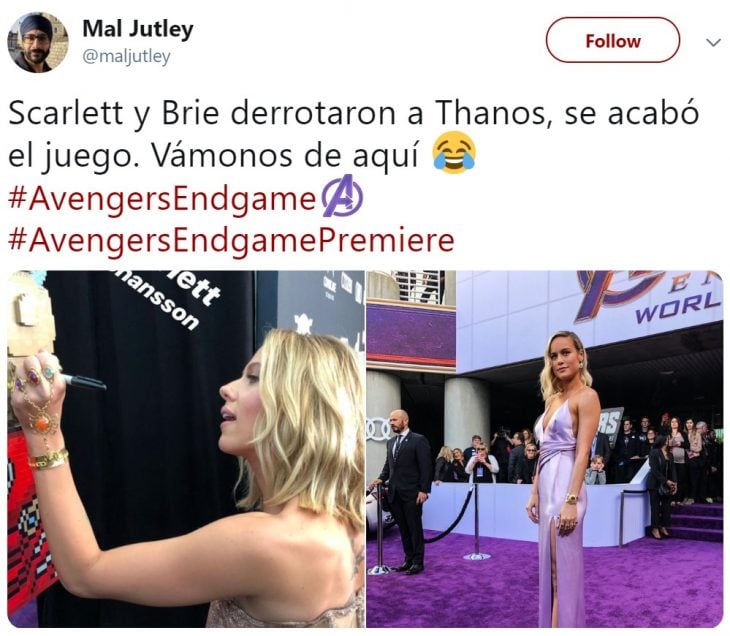 Twitter reacciona a Scarlett Johansson que interpreta a la Viuda Negra y Brie Larson en el papel de Capitana Marvel en la premiere de la película de Avengers: Endgame en Los Angeles, usando las gemas del infinito