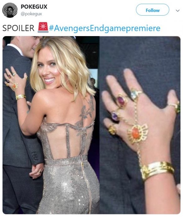 Twitter reacciona a Scarlett Johansson que interpreta a la Viuda Negra y Brie Larson en el papel de Capitana Marvel en la premiere de la película de Avengers: Endgame en Los Angeles, usando las gemas del infinito