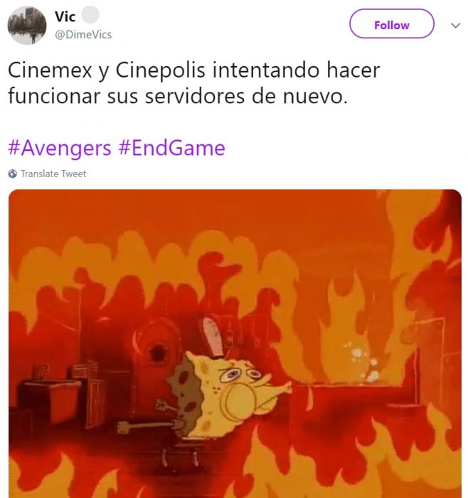 Memes de Cinépolis y Cinemex en Twitter sobre preventa de boletos para Avengers: endgame, meme de Bob Esponja apagando fuego