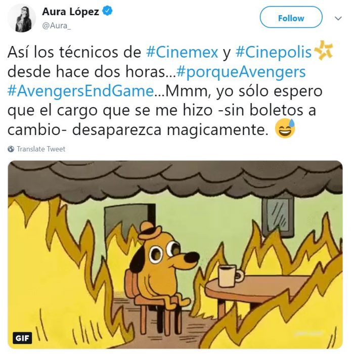 Memes de Cinépolis y Cinemex en Twitter sobre preventa de boletos para Avengers: endgame, meme de perro sentado entre el fuego