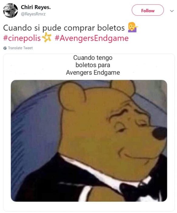Memes de Cinépolis y Cinemex en Twitter sobre preventa de boletos para Avengers: endgame, meme de Winnie Pooh elegante