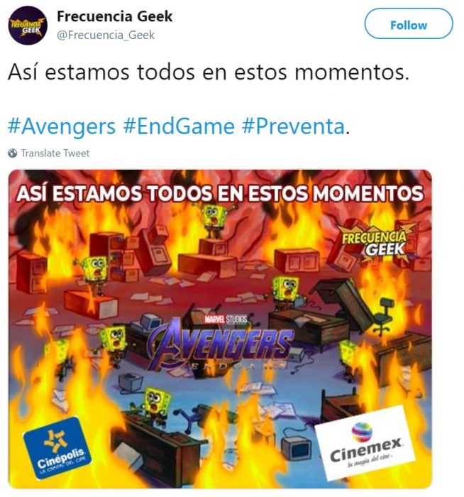 Memes de Cinépolis y Cinemex en Twitter sobre preventa de boletos para Avengers: endgame, meme de Bob Esponja