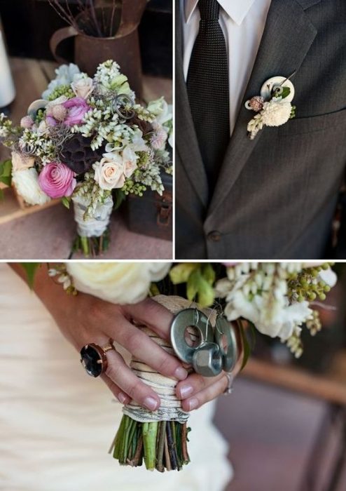 Ramo de novia con decoraciones metálicas detalles para una boda inspirada en motocicletas, boda biker 