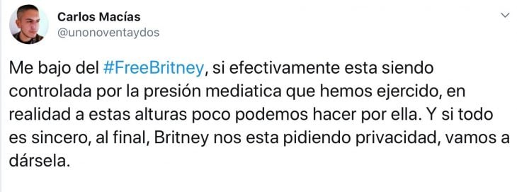 Tuit de fan que menciona que respetará la privacidad de Britney Spears 