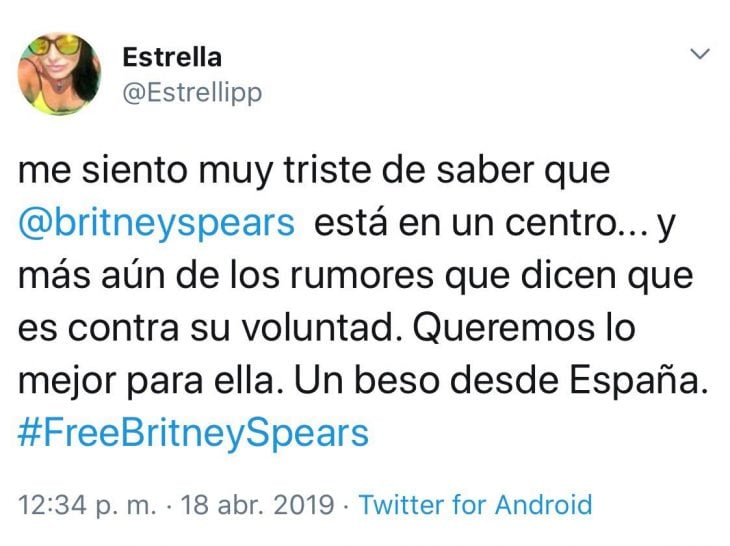 Tuit que habla sobre el apoyo incondicional que siempre le darán a la cantante Britney Spears