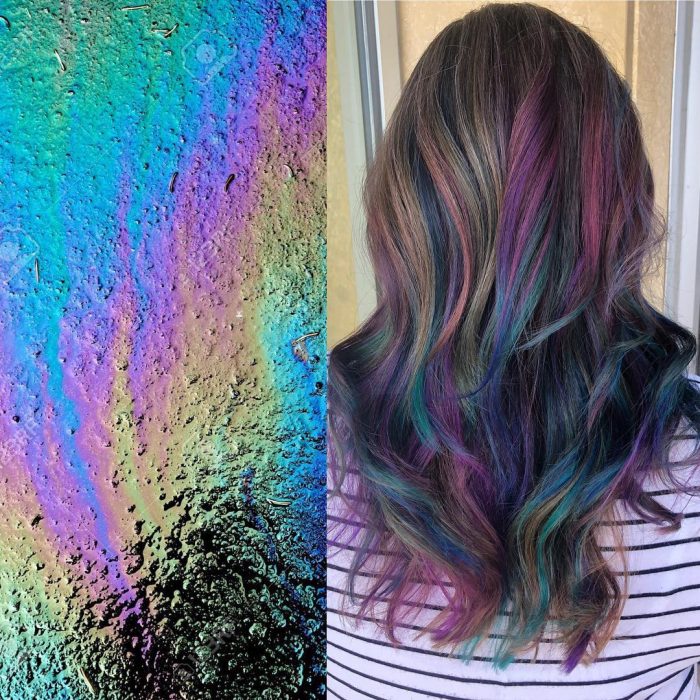 Tendencia de cabello, tinte oil slick que parece aceite derramado en el suelo, chica con cabello largo y ondulado, de colores morado, rosa, verde, azul y amarillo