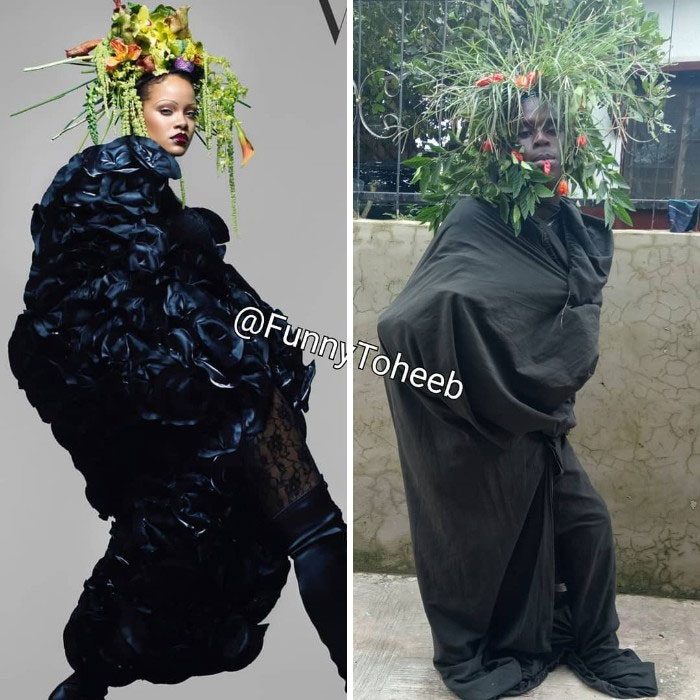 Chica posando para una fotografía, parada de perfil, cubriendo su cuerpo entero con una sabana negra, llevando una corona de flores en la cabeza, chico imitando a Rihanna utilizando papel y plástico