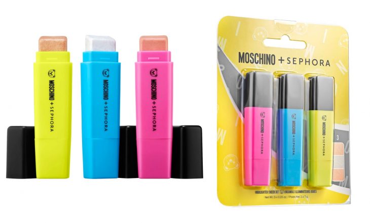 Set de iluminadores en forma de marcadores fluorescentes de la nueva colección de maquillaje en colaboración con Moschino y Sephora
