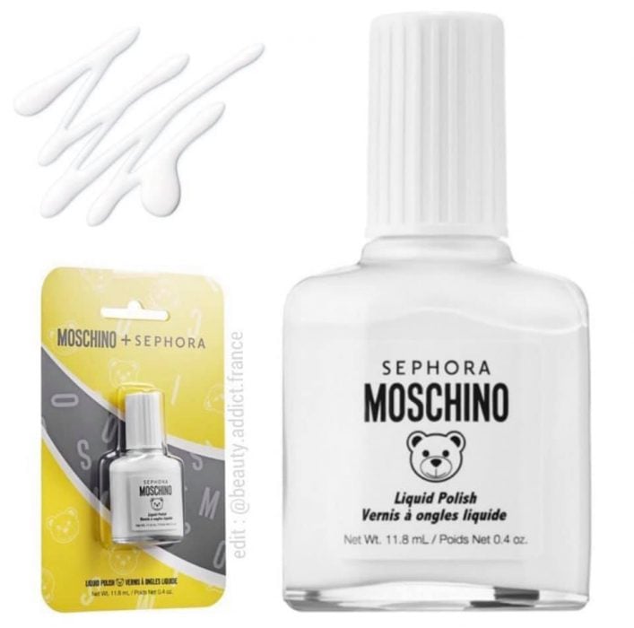 Esmalte de uñas en forma de corrector líquido blanco de la nueva colección de maquillaje en colaboración con Moschino y Sephora