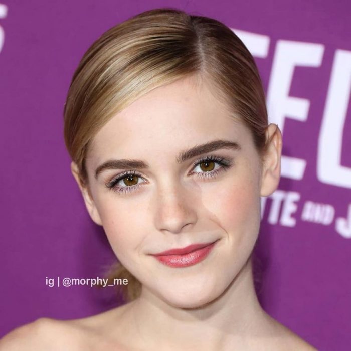 Chica con cabelo recogido sonriendo ligeramente, Kiernan Shipka, Emma Watson, Morphy_Me