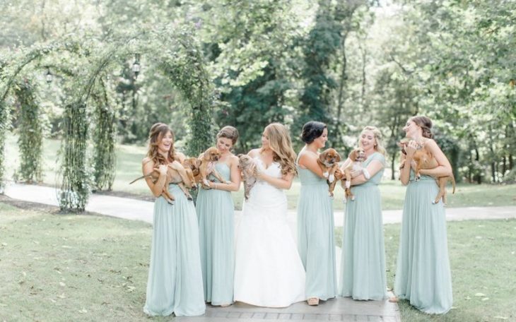 Damas d ehonor y novia usando vestidos color menta, paradas a mitad de un jardín sosteniendo cachorros in hogar en vez de flores 