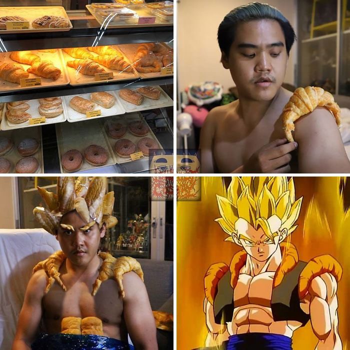 Chico colocándose un cuernito de pan dulce sobre el hombro para crear un disfraz de Goku usando piezas de pan, Anucha Saengchart, cosplay Dragon Ball 