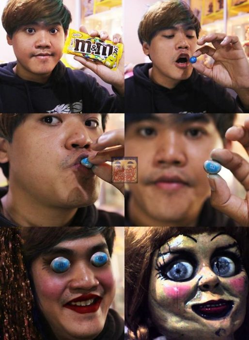 Chico de piel morena, con cejas anchas, sujetando un par de cacahuetes confitados de color azul para disfrazarse como Anabelle, de la película Anabelle, Anucha, cosplay