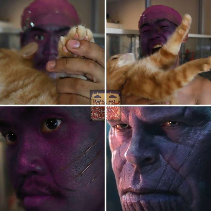 Hombre con el rostro y el cabello teñidos de morado, sosteniendo un gato de color naranja, posando junto a una images de Thanos personaje de la película Avengers, Anucha, cosplay