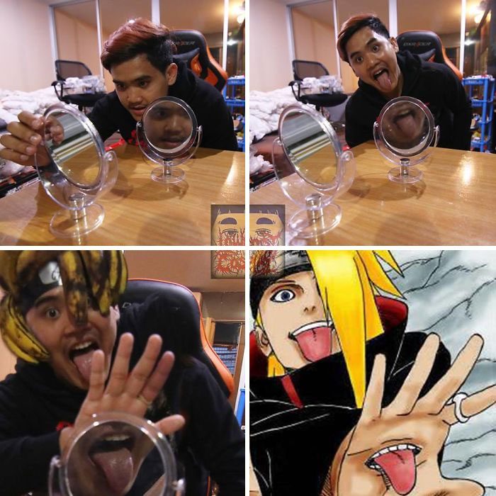 Chico de piel morena, mostrando su lengua frente a un espejo para tomar una selfie y disfrazarse como un personaje de Naruto, Anucha Saengchart, cosplay 