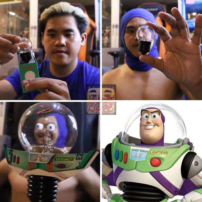 Chico con piel morena, cabello rubio, sosteniendo un foco entre sus dedos, disfrazado como Buzz Lightyear, Anucha Saengchart, cosplay