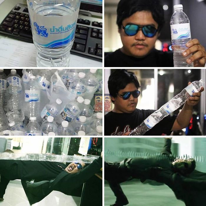 Hombre con camisa negra y anteojos tornasol de color azul, sosteniendo botellas de plástico en sus manos para recrear una escena de la película Matrix, Anucha Saengchart, cosplay, Keanu Reeves 