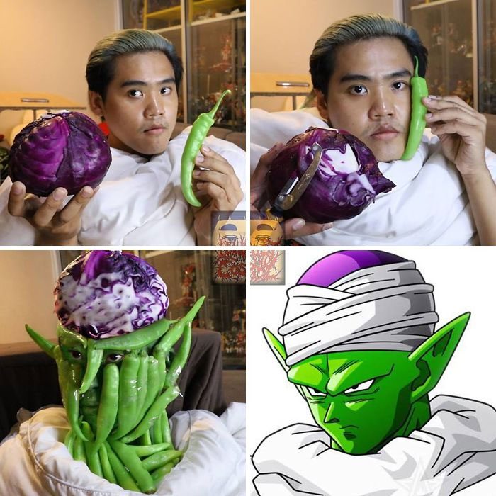 Chicos llevando túnica blanca alrededor del cuerpo, sosteniendo chiles verdes y col morado en sus manos para disfrazarse como Piccolo, Dragón Ball, Anucha Saengchart, cosplay