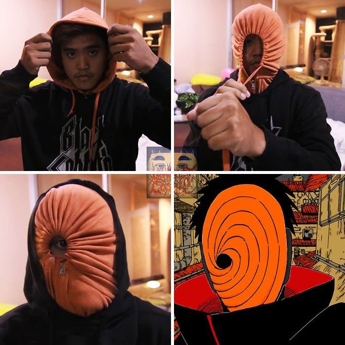 Chico usando sudadera oscura con gorro naranja con el que cubre su rostro para simular un personaje de Naruto, Anucha Saengchart, Cosplay