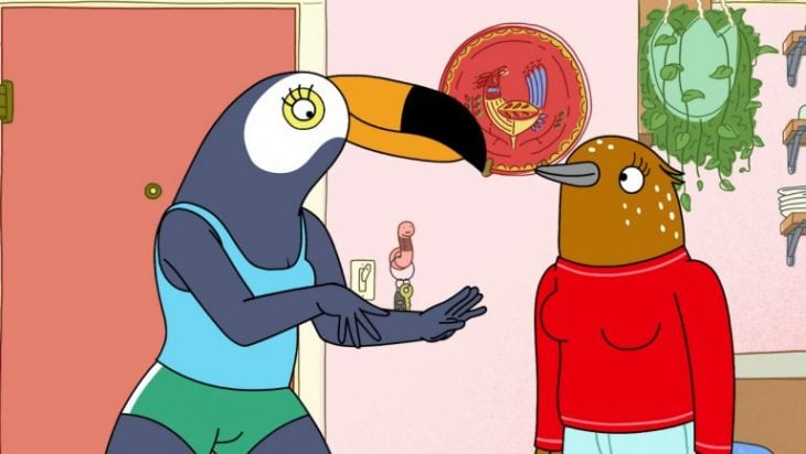 Dibujos animados de un tucán y un ave silvestre de la serie Tuca & Bertie