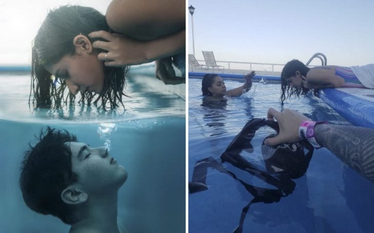Pareja de novios besándose sobre la superficie del agua, fotografía creativa de Omahi