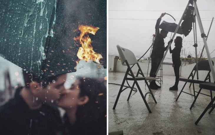 Pareja de novios besándose bajo un paraguas con el que se cubren de la lluvia, fotografía creativa de Omahi