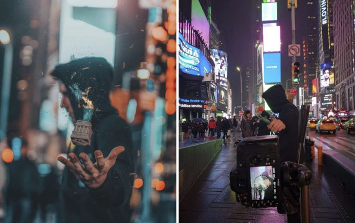 Chico parado a mitad de avenida sosteniendo en su mano una figurilla de la estatua de la libertad fotografía creativa de Omahi