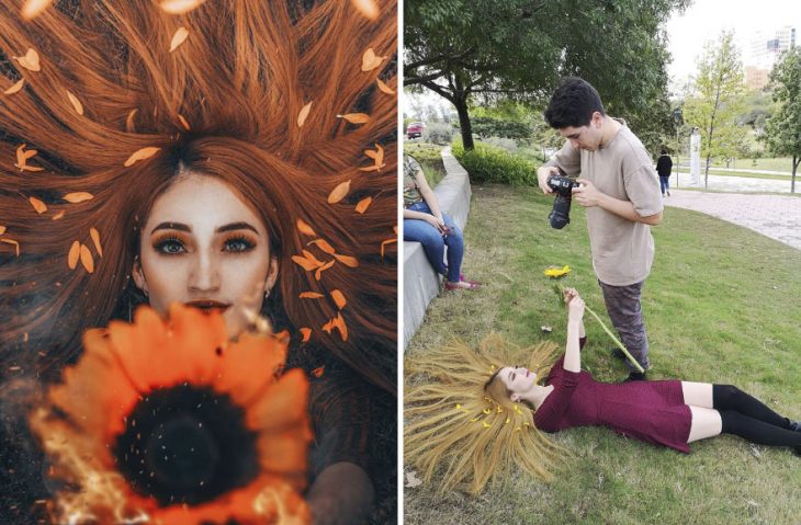 Chica recostada en el césped, sosteniendo un girasol entre sus manos, chico fotografiando desde un angulo superior, fotografía creativa de Omahi 