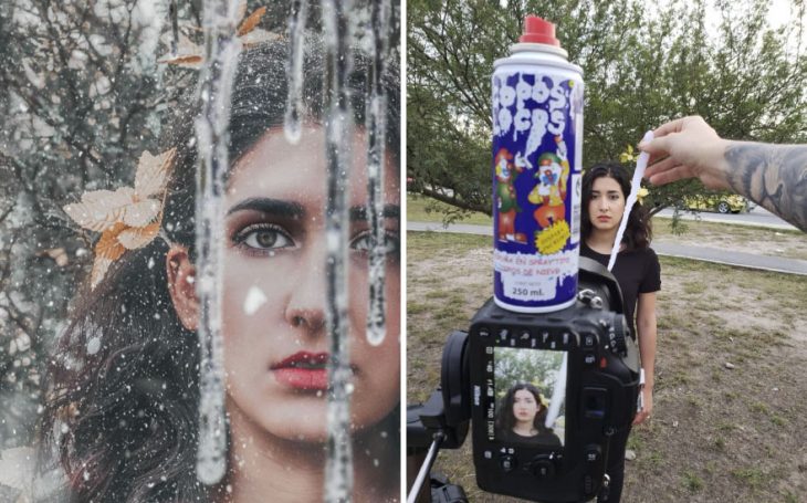 Cámara fotografica profresional con un spray de copos de nieve falsos sobre ella, chica parada a mitad de un parque, fotografía creativa de Omahi