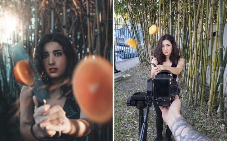 Chica partiendo una naranja por la mitad con un cuchillo grande y largo, fotografía creativa de Omahi