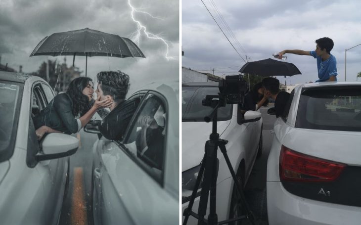 Pareja de novios besándose a través de las ventanillas de un automóvil, fotografía creativa de Omahi
