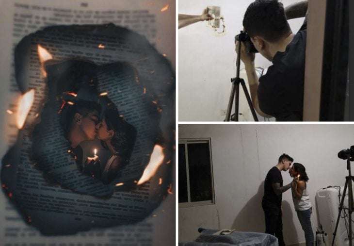 Pareja de novios besándose a través de un par de hojas de libros con fuego, fotografía creativa de Omahi