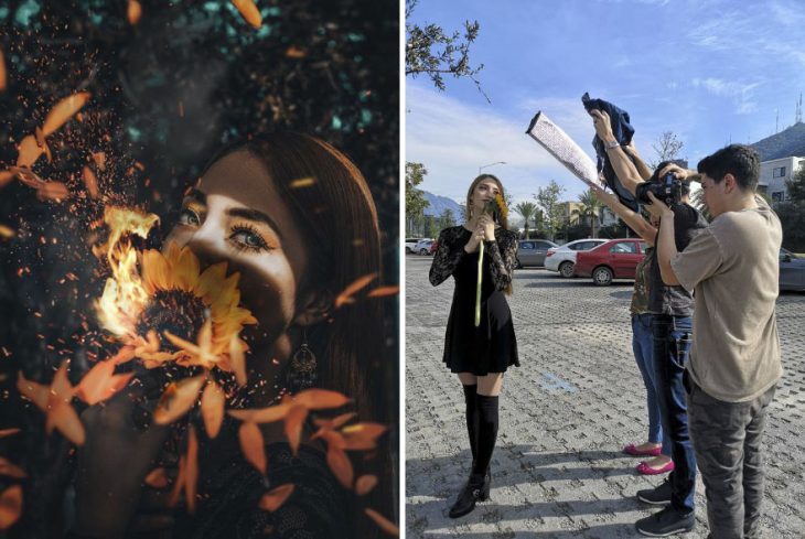 Chica pelirroja posando para una fotografía, grupo de chicos sosteniendo paneles de luz y fotografiando, fotografía creativa de Omahi