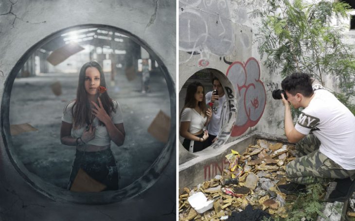 Chica dentro de un túnel, sosteniendo una rosa enter sus manos, mirando al frente, fotografía creativa de Omahi