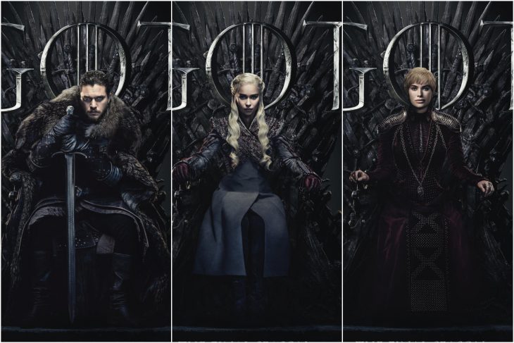 Temporada ocho de Game of Thrones, Jon Snow, Daenerys Targaryen y Cersei Lannister sentados en el trono