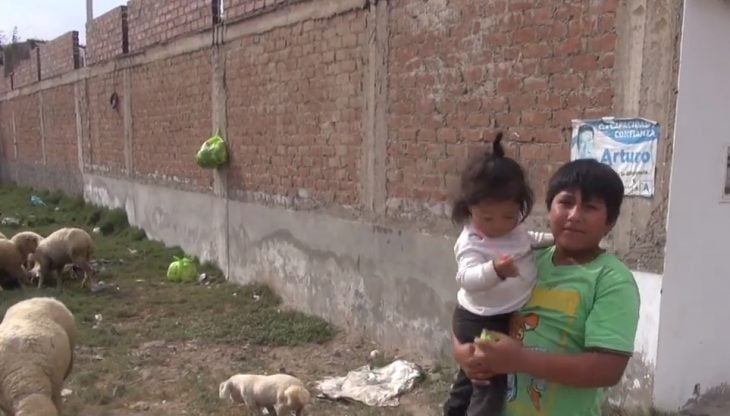 Víctor Martín Angulo Córdoba, niño de Perú hace tarea bajo un poste de luz en la calle de noche porque en su casa no hay electricidad, niño cargando a su hermana pequeña mientras cuidan a las ovejas 