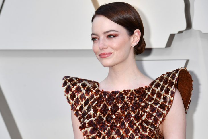 Peinados y looks que los Óscar 2019, Emma Stone, cabello recogido en un chonfo y vestido café