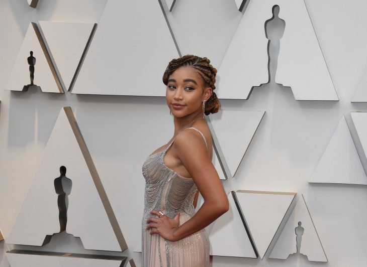 Peinados y looks que los Óscar 2019, Amandla Stenberg con trenzas recogidas en un chongo con patrones ondulados y vestido gris con rosa