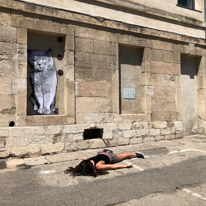 STEFDIES, la chica que se ha vuelto viral por sus antiselfies, selfie de mujer en el suelo bajo un gran gato gris en Francia