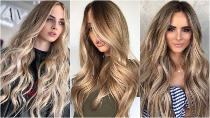 Tres chicas delgadas de piel blanca con cabello extra largo peinado ondulado teñido en color Honey blond