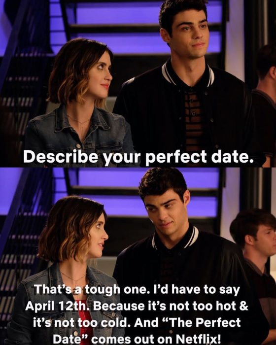 Los actores Laura Marano y el actor Noah Centineo conversando en la nueva cinta The Perfect Date