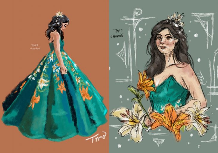 Ilustraciones de Ciara Gan, chica con vestido de princesa en su graduación, color verde esmeralda con flores amarillas y anaranjadas, lirios de tigre