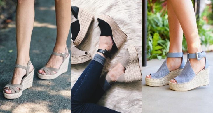 Wedges, sandalias perfectas para el calor, primavera o verano, zapatos de tacón seguido clásicos beige y negros con suela tejida y de corcho