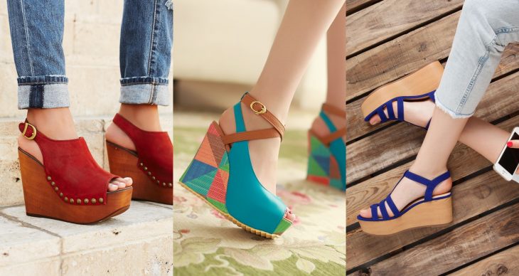 Wedges, sandalias perfectas para el calor, primavera o verano, zapatos de tacón alto seguido de colores rojo, azul cielo y azul rey con estoperoles y suela de madera café