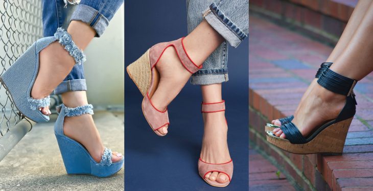 Wedges, sandalias perfectas para el calor, primavera o verano, zapatos de tacón alto seguido, con textura de mezclilla y pana de color azul y rosa salmón con suela tejida y de corcho