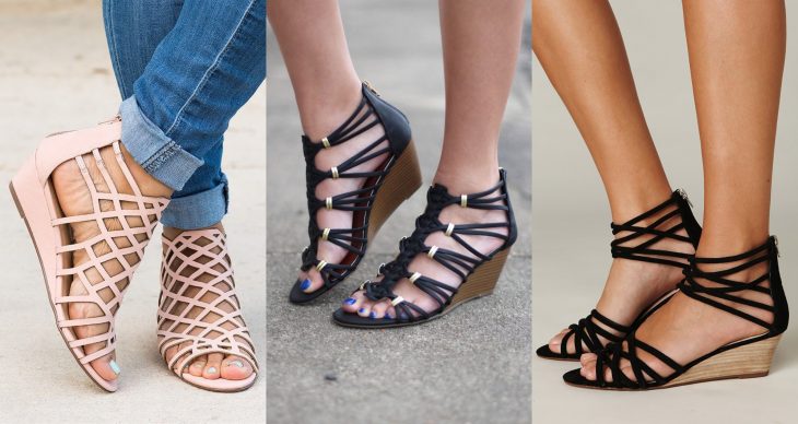 Wedges, sandalias perfectas para el calor, primavera o verano, zapatos de tacón bajo seguido, de color rosa, negro con correas y cintas