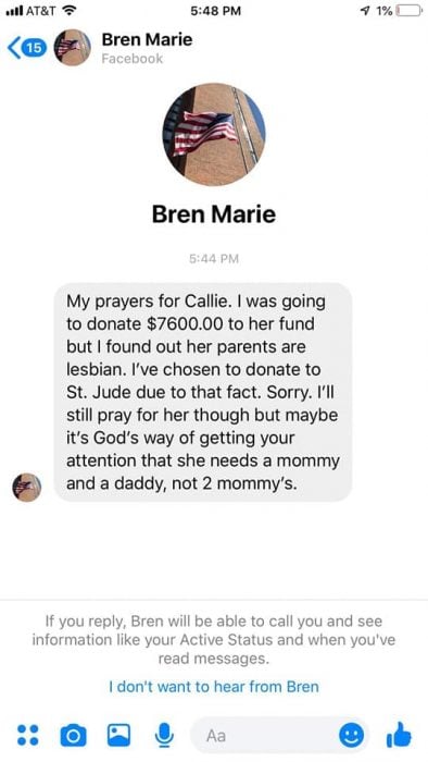 Comentario de Facebook en el que una mujer niega donación a una nena con cáncer porque es hija de lesbianas