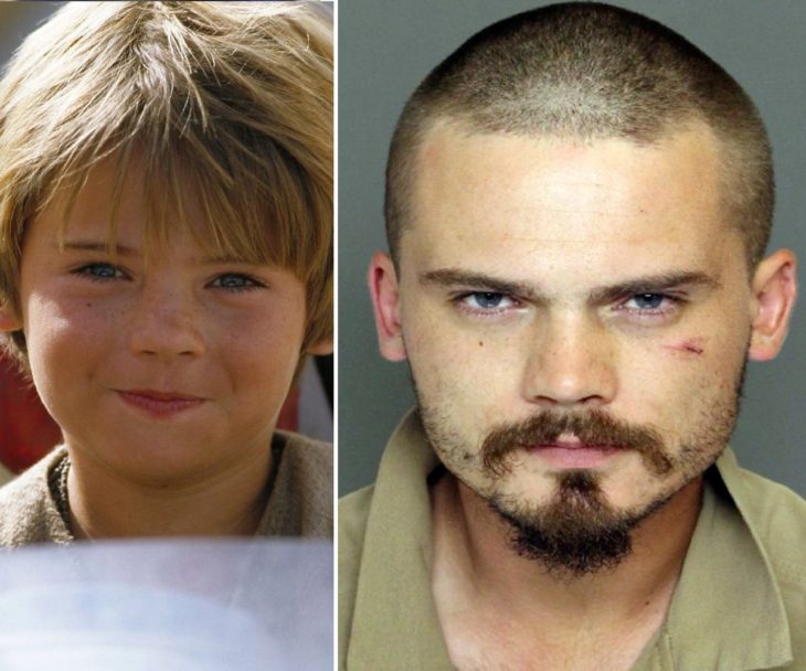  Jake Lloyd cuando era niño en la película de Star Wars y después en su fotografía de convicto 