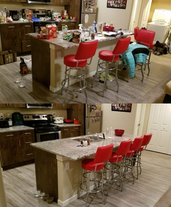 Fotografías de antes y después de una cocina desordenada y ordenada después de hacer limpieza